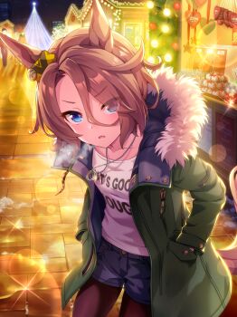 1girl absurdres animal_ears annoyed artist_request black_pantyhose blue_eyes blue_shorts breath brown_hair chain chain_necklace christmas clothes_writing coat collarbone collared_coat cowboy_shot denim denim_shorts dot_nose ear_ornament eyelashes eyes_visible_through_hair festival frost frown fur-trimmed_hood fur_trim game_cg gift gold_buttons green_coat hair_between_eyes hair_over_one_eye hands_in_pockets heart highres hood hood_down hooded_coat horse_ears horse_girl horse_tail jewelry leaning_forward light_blush light_particles lips long_hair_between_eyes long_sleeves narita_taishin_(strict_shopper)_(umamusume) narita_taishin_(umamusume) necklace night official_alternate_costume official_art open_clothes open_coat open_mouth outdoors pantyhose pendant shirt short_hair shorts solo sparkle standing tail tsurime two-sided_coat two-sided_fabric umamusume v-shaped_eyebrows white_shirt winter_clothes winter_coat