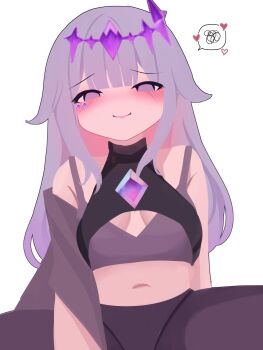 1girl alternate_costume blush breasts center-flap_bangs chest_jewel cleavage colored_inner_hair commentary crop_top double-parted_bangs english_commentary gem gradient_hair grey_hair hair_flaps headpiece heart highres hololive hololive_english jewel_under_eye koseki_bijou leggings long_hair long_sidelocks looking_at_viewer multicolored_hair navel pink_hair purple_eyes purple_gemstone sidelocks simple_background smile solo speech_bubble spoken_squiggle squiggle very_long_hair viqur virtual_youtuber white_background