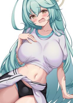 absurdres aqua_hair bandaid bandaid_on_arm black_buruma black_jacket blue_archive blush breasts buruma clothes_around_waist commentary cropped_shirt halo highres huge_breasts jacket jacket_around_waist korean_commentary navel open_mouth shirt short_sleeves stomach t-shirt white_shirt white_sleeves yebiyong_cream_bun yellow_eyes yellow_halo yume_(blue_archive)