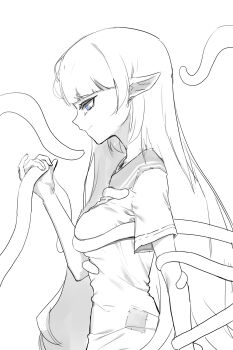 1girl absurdres arknights blue_eyes breasts consensual_tentacles groping helseujang highres limbus_company long_hair mayors_(project_moon) monochrome patchwork_clothes pointy_ears project_moon smile tentacles white_background