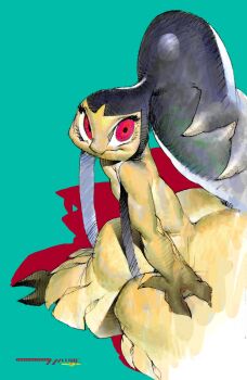 black_skin colored_skin extra_mouth full_body gen_3_pokemon highres jg_genesiskeys long_sidelocks looking_at_viewer mawile multicolored_skin nintendo pokemon pokemon_(creature) pokemon_focus red_eyes sharp_teeth sidelocks smile teeth two-tone_skin very_long_sidelocks yellow_skin