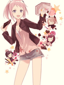 4girls :d black_jacket book brown_hair camisole chibi chibi_inset chocolate denim denim_skirt food grey_eyes grey_skirt holding holding_book holding_chocolate holding_food jacket medium_hair miniskirt multiple_girls open_book open_clothes open_jacket open_mouth original pink_camisole pink_hair skirt smile twintails yukitake_(bullfalk) |_|