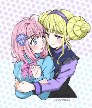 2girls :d amauri_miruki blonde_hair blue_eyes blue_shirt blunt_bangs braid braided_bun commentary_request double_bun hair_bun hair_ornament heart heart_hair_ornament hug kokoa_remon long_sleeves looking_at_another multiple_girls neck_ribbon open_mouth pink_hair pink_ribbon pretty_series ribbon shirt short_hair sidelocks smile tahimawari upper_body waccha_primagi!