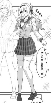 2girls absurdres black_hairband black_ribbon bow bowtie brown_shoes buttons collared_shirt commentary_request double-breasted firefly_(honkai:_star_rail) grey_bow grey_bowtie grey_sailor_collar grey_skirt greyscale hair_between_eyes hair_intakes hair_ornament hair_ribbon hairband highres honkai:_star_rail honkai_(series) long_hair long_sleeves monochrome multiple_girls pleated_skirt ribbon sailor_collar shirt shoes skirt stelle_(honkai:_star_rail) taro_(peach_taro51) thighhighs trailblazer_(honkai:_star_rail) translated white_hair white_shirt white_sleeves white_thighhighs