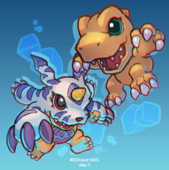 Rule 34 | absurdres, agumon, blue background, chibi, cwdw, digimon, digimon (creature), full body, gabumon, green eyes, highres, horns, red eyes, sharp teeth, simple background, single horn, teeth