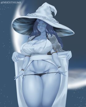 1girl absurdres black_panties breasts clothes clothes_grab colored_skin dress elden_ring extra_arms female_focus fromsoftware hat highres huge_breasts large_breasts long_hair looking_at_viewer mrsithums one_eye_closed panties ranni_the_witch robe solo underwear white_dress witch witch_hat