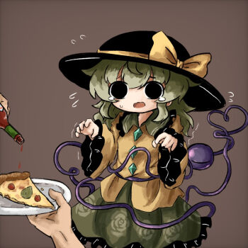 1boy 1girl black_eyes black_hat bow brown_background buttons commentary_request contrast_collar cowboy_shot diamond_button floral_print flying_sweatdrops food frilled_shirt_collar frilled_skirt frills green_hair green_skirt hat hat_bow hat_ribbon heart heart_of_string heripantomorrow holding holding_plate hot_sauce komeiji_koishi long_sleeves medium_hair motion_lines open_mouth pizza pizza_slice plate print_skirt ribbon rose_print shirt simple_background skirt standing tearing_up third_eye touhou wide_sleeves worried yellow_bow yellow_ribbon yellow_shirt