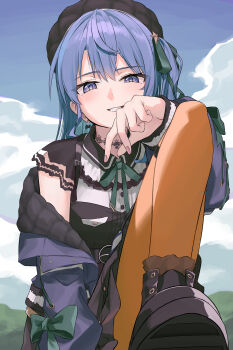 Rule 34 | 1girl, absurdres, aqury0, beret, black hat, blue eyes, blue hair, boots, day, flat chest, green ribbon, grin, hair ribbon, hashtag-only commentary, hat, highres, hololive, hoshimachi suisei, hoshimachi suisei (casual), jacket, long hair, long sleeves, looking at viewer, neck tattoo, off shoulder, official alternate costume, orange pantyhose, outdoors, pantyhose, purple jacket, quilted headwear, ribbon, sleeve bow, sleeve ribbon, smile, solo, tattoo, virtual youtuber