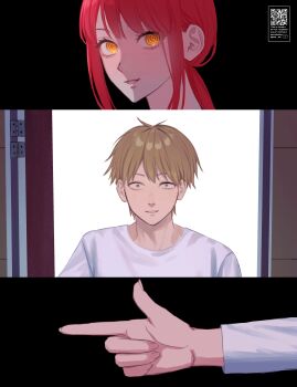 1boy 1girl absurdres black_background blonde_hair chainsaw_man denji_(chainsaw_man) doorway finger_gun gm_gn8 highres looking_at_viewer makima_(chainsaw_man) parted_lips pointing red_hair ringed_eyes shirt thumbnail_collage white_background white_shirt