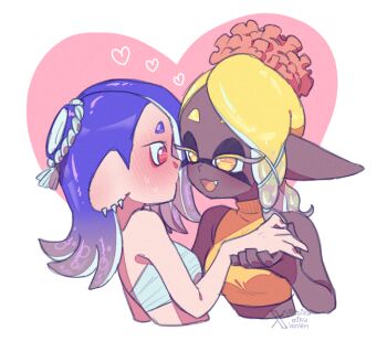 Rule 34 | 2girls, ariamikukanzaki, bare shoulders, blonde hair, blue hair, blush, breasts, chest sarashi, commentary, cross-shaped pupils, dark-skinned female, dark skin, earrings, fang, frye (splatoon), hand grab, heart, inkling, interracial, jewelry, medium breasts, multiple earrings, multiple girls, nintendo, octoling, open mouth, pointy ears, sarashi, shiver (splatoon), sleeveless, sleeveless turtleneck, smile, splatoon (series), splatoon 3, sweat, symbol-shaped pupils, tentacle hair, turtleneck, very dark skin, watermark, yellow eyes, yuri