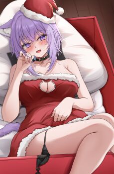 1girl 7nopi absurdres alternate_costume animal_collar animal_ear_fluff animal_ears armpit_crease bare_arms bare_legs bare_shoulders barefoot belt_collar black_panties blush box breasts cat_cutout cat_ears cat_girl cat_tail cleavage cleavage_cutout clothing_cutout collar collarbone colored_inner_hair crossed_bangs dress fang feet_out_of_frame fur-trimmed_dress fur_trim hand_in_own_hair hat highres hololive lace lace-trimmed_panties lace_trim large_breasts looking_at_viewer lying multicolored_hair nail_polish nekomata_okayu on_box on_pillow panties panties_around_leg purple_eyes purple_hair purple_tail santa_costume santa_dress santa_hat short_hair sidelocks skirt_hold solo strapless strapless_dress tail underwear virtual_youtuber