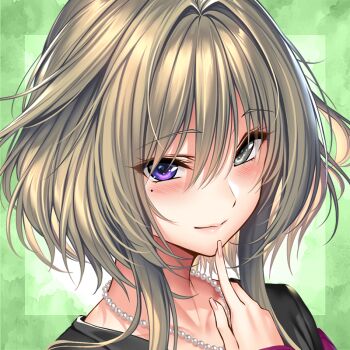 Rule 34 | 1girl, amakano, blush, brown eyes, brown shoes, closed mouth, commentary request, cropped, finger to own chin, green background, hair between eyes, heterochromia, jewelry, kanbayashi mizuki, looking at viewer, mole, mole under eye, necklace, official art, pearl necklace, piromizu, purple eyes, shoes, short hair, short hair with long locks, smile, solo