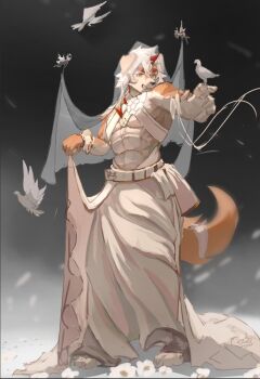 1boy abs arknights bara bird bridal_veil chinese_commentary colored_tips commentary_request dress furry furry_male gloves horns huan_xin57158 hung_(arknights) komainu_boy komainu_ears komainu_tail looking_at_animal male_focus multicolored_hair muscular muscular_male pectorals single_glove single_horn smile veil wedding_dress white_gloves