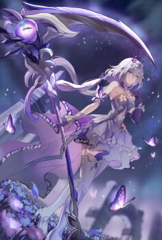 1girl absurdres asymmetrical_gloves asymmetrical_legwear bare_shoulders black_tiara breasts bug butterfly castorice_(honkai:_star_rail) closed_mouth dress flower gloves grey_hair hair_between_eyes hand_up high_heels highres holding holding_scythe holding_weapon honkai:_star_rail honkai_(series) insect long_hair looking_at_viewer night night_sky pantyhose pointy_ears purple_butterfly purple_eyes purple_gloves purple_hair scythe shoes sky solo standing thighhighs tiara uneven_gloves uneven_legwear very_long_hair weapon white_dress white_pantyhose white_shoes white_thighhighs zkue