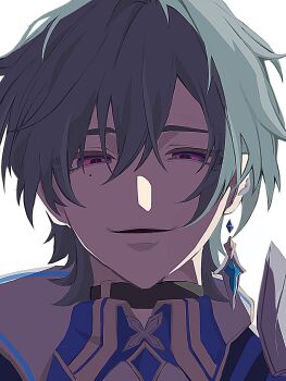 Rule 34 | 1boy, armor, black choker, blue gem, blue hair, bunkei 0715, choker, collared shirt, commentary request, gem, genshin impact, highres, lohen (genshin impact), male focus, multicolored eyes, parted bangs, parted lips, pauldrons, portrait, shirt, shoulder armor, simple background, single pauldron, smirk, solo, white background, wing collar