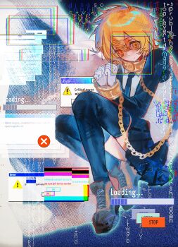Rule 34 | 1girl, black necktie, black skirt, black thighhighs, blonde hair, bound, bound wrists, chain, closed mouth, collar, commentary, cuffs, cuffs-to-collar, curled up, don quixote (project moon), error message, full body, glitch, glitch art, gold chain, gold collar, hair between eyes, highres, index (identity) (project moon), limbus company, long sleeves, looking at viewer, metal collar, mushinooo11, necktie, pleated skirt, project moon, shackles, shirt, shoes, short hair, sign, skirt, solo, symbol-only commentary, thighhighs, warning sign, window (computing), yellow eyes