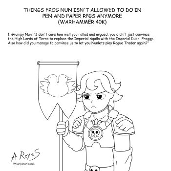 1girl :< armor arturo_reyes banner bird black_eyes closed_mouth comic_sans crossover duck english_text flag froggy_nun_(diva) fun highres lineart little_nuns_(diva) mister_welch mr_welch parody short_hair shoulder_armor signature skull solo standard_bearer twitter_username v-shaped_eyebrows warhammer_40k