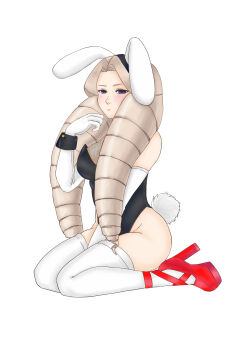 1girl absurdres animal_ear_hairband animal_ears asagi92 black_leotard blonde_hair blush cross-laced_shoes drill_hair elbow_gloves fake_animal_ears fake_tail fishnet_top fishnets gloves hairband high_heels highres justice_gakuen kirishima_yurika kneeling leotard moero!_justice_gakuen platform_shoes purple_eyes rabbit_ear_hairband rabbit_ears rabbit_tail red_shoes shoes solo tail thighhighs twin_drills white_background white_gloves white_thighhighs wrist_cuffs