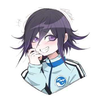 1boy blush commentary cropped_torso danganronpa_(series) danganronpa_v3:_killing_harmony english_commentary flipped_hair grin hair_between_eyes highres jacket long_sleeves lytoid male_focus multicolored_hair official_alternate_costume oma_kokichi pink_eyes short_hair simple_background smile teeth two-tone_hair white_background