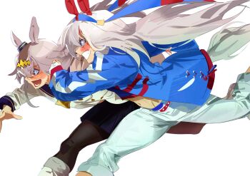 Rule 34 | 2girls, ahoge, animal ears, belt, black pantyhose, blue eyes, blue hairband, blue jacket, blue sailor collar, blue sports bra, blush, boots, brooch, ear covers, ear ornament, fang, grey hair, grey tail, grin, hair between eyes, hair ornament, hairband, headband, highres, horse ears, horse girl, horse tail, jacket, jewelry, long hair, long sleeves, midriff, multicolored hair, multiple girls, navel, neckerchief, oguri cap (starlight beat) (umamusume), oguri cap (umamusume), open mouth, pants, pantyhose, pdvl, red belt, red headband, red neckerchief, running, sailor collar, shirt, skirt, smile, sports bra, star brooch, striped clothes, striped hairband, tail, tamamo cross (umamusume), tamamo cross (with lightning speed) (umamusume), teeth, umamusume, umamusume: cinderella gray, very long hair, white boots, white jacket, white pants, white shirt