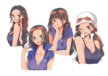 Rule 34 | 1girl, artist name, black hair, blue dress, blue eyes, blunt bangs, blush, closed mouth, commentary, dress, english commentary, hand on own cheek, hand on own face, high collar, highres, long hair, looking at viewer, looking back, looking to the side, multiple views, nico robin, one piece, orange-tinted eyewear, ria (917 ria), short hair, short sleeves, smile, solo, tinted eyewear, twintails, white background