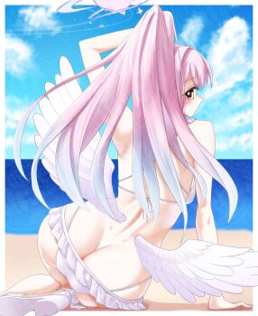 1girl absurdres arm_support arm_up ass backboob beach bikini blue_archive blush breasts butt_crack commentary_request dimples_of_venus feathered_wings frilled_bikini frills gradient_hair halo highres horizon long_hair median_furrow mika_(blue_archive) mika_(swimsuit)_(blue_archive) multicolored_hair official_alternate_costume outdoors pink_hair ponytail profile remya shoes sitting solo swimsuit very_long_hair white_bikini white_shoes white_wings wings yellow_eyes yokozuwari