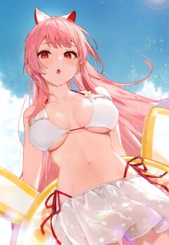 Rule 34 | 1girl, :o, absurdres, atelier live, bare arms, bare shoulders, bikini, bikini skirt, bikini under clothes, bikini under skirt, blue sky, blush, bow, breasts, breasts apart, cloud, cloudy sky, cowboy shot, day, double-parted bangs, flower, frilled bikini, frills, from below, guest art, hair bow, highleg, highleg bikini, highres, innertube, innertube with ears, large breasts, lens flare, light particles, long hair, looking at viewer, miniskirt, mole, mole on breast, nagu, navel, open mouth, outdoors, pink hair, pinku (vtuber), pleated skirt, polka dot, polka dot skirt, ponytail, red eyes, red ribbon, ribbon, short bangs, side-tie bikini bottom, skirt, sky, solo, standing, stomach, strap gap, string bikini, swim ring, swimsuit, third-party source, underboob, very long hair, virtual youtuber, wet, white bikini, white bow, white flower, white skirt