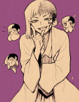 1boy @_@ asagiri_gen asymmetrical_hair chibi coat dr._stone greyscale_with_colored_background hand_up haori japanese_clothes kimono long_sleeves looking_at_viewer male_focus monochrome multicolored_hair multiple_views ninomae_gin open_mouth purple_background short_hair single_sidelock smile sparkle split-color_hair two-tone_hair white_hair wide_sleeves