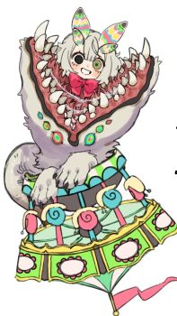 1girl black_eyes bow bowtie carousel claws commentary_request extra_eyes extra_mouth full_body grey_hair grin heterochromia highres human_head leucochloridium_paradoxum looking_at_viewer monsha_moa monster_girl multicolored_eyes original red_bow red_bowtie saliva sharp_teeth short_hair simple_background smile solo teeth white_background