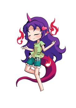 Rule 34 | 1girl, barefoot, breasts, chibi, chibi only, closed eyes, commentary request, dairi, full body, green shirt, green shorts, horns, large variant set, long hair, pink horns, purple hair, red tail, shirt, shorts, simple background, single horn, solo, tachi-e, tenkajin chiyari, test tube, touhou, transparent background, variant set, very long hair