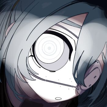 Rule 34 | 1girl, close-up, commentary, double-parted bangs, expressionless, eyepatch, fisheye, freckles, grey hair, hair between eyes, hatsune miku, looking at viewer, medical eyepatch, monitoring (vocaloid), one eye covered, parted lips, peke (pekeiscat), portrait, pov peephole, ringed eyes, solo, thumbnail surprise, transparent background, upturned eyes, vocaloid, white eyes