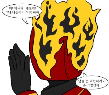 1other black_gloves black_shirt check_translation clock coat collared_shirt commentary_request dante_(limbus_company) fire gloves korean_commentary korean_text limbus_company necktie object_head project_moon quka404 red_coat red_necktie shirt solo speech_bubble translation_request