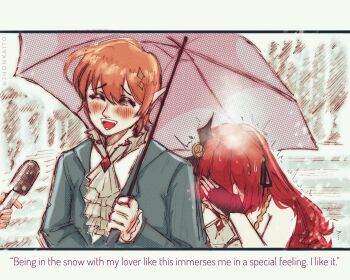 1boy 1girl :d ^_^ bat_hair_ornament black_ribbon blush brooch character_request closed_eyes commentary couple covering_face embarrassed english_text facepalm fingerless_gloves gloves green_jacket hair_ornament hair_ribbon halftone hand_on_own_face hatching_(texture) highres himea_d'almaria holding holding_umbrella interview ascot jacket jewelry jhonkaito long_hair meme microphone open_mouth orange_hair parody pointy_ears red_hair ribbon shared_umbrella shirt short_hair smile snow snowing spanish_commentary sparkle_hair_ornament special_feeling_(meme) trembling umbrella virtual_youtuber wactor_production white_shirt