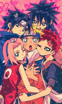 1girl 4boys ache_jiao_ache aged_down anger_vein black_eyes black_hair blonde_hair blue_eyes blue_hairband blue_headband blush facial_mark forehead_tattoo frown gaara_(naruto) green_eyes group_hug hairband haruno_sakura headband heart heart_background highres hug jacket konohagakure_symbol multiple_boys naruto_(classic) naruto_(series) naruto_shippuuden orange_jacket pink_background pink_hair red_hair tattoo time_paradox uchiha_madara uchiha_sasuke uzumaki_naruto watermark whisker_markings