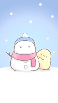 animal_focus baby_animal beak bird blue_sky chick day head_tilt highres mofupiyo no_humans original outdoors shadow sky snow snowing snowman source_request third-party_source winter