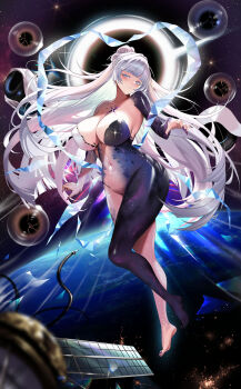 1girl absurdres blush breasts closed_mouth commission full_body goddess_of_victory:_nikke grey_hair highres large_breasts long_hair looking_at_viewer mad_kimo navel nayuta_(nikke) nayuta_(wu_wei)_(nikke) purple_nails revision solo space thighs very_long_hair