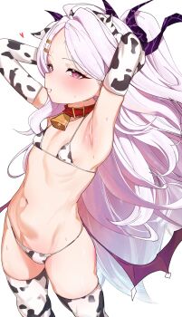1girl absurdres alternate_costume animal_ears animal_print armpits arms_behind_head arms_up bell bikini blue_archive blush breasts collarbone cow_ears cow_girl cow_horns cow_print cow_print_bikini demon_horns demon_wings fake_animal_ears fake_horns gloves heart highres hina_(blue_archive) horns loli long_hair looking_at_viewer micro_bikini navel neck_bell print_bikini rinki_(rink2) simple_background small_breasts solo stomach sweat swimsuit thighhighs very_long_hair white_background white_hair wings