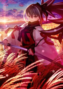 1girl black_hair black_scarf breasts closed_mouth cloud cowboy_shot fate/grand_order fate_(series) game_cg hair_between_eyes holding holding_sheath holding_sword holding_weapon japanese_clothes kawakami_gensai_(fate) kawakami_gensai_(first_ascension)_(fate) layered_sleeves light_rays long_sleeves looking_at_viewer medium_breasts multicolored_hair official_art outdoors ponytail scarf sheath sidelocks smile solo streaked_hair sunbeam sunlight sword takeuchi_takashi third-party_source two-tone_hair unsheathing weapon wheat_field