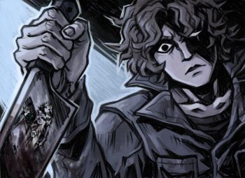 1boy 1girl black_eyes blue_jumpsuit brown_hair commentary english_commentary halloween_(movie) highres holding holding_knife holding_weapon jumpsuit knife laurie_strode mask medium_hair michael_myers missing_eye one-eyed reflection reflective_surface unworn_mask user_xmfs8343 weapon