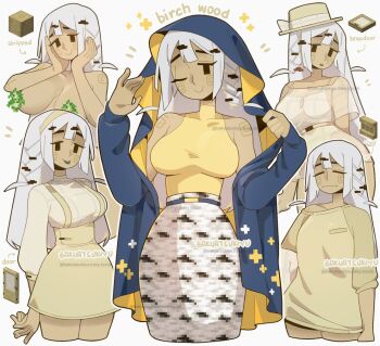 1girl arrow_(symbol) bakuatsukiyu bare_shoulders birch_tree black_eyes blue_cloak censored cloak colored_tongue commentary english_commentary english_text green_tongue hairband hands_on_own_face hat high-waist_skirt hood hood_up hooded_cloak long_hair looking_at_viewer minecraft multiple_views no_sclera novelty_censor object_and_personification one_eye_closed overall_skirt personification reference_inset shirt signature skirt sleeveless sleeveless_shirt tree white_background white_hair