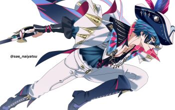 Rule 34 | 1boy, black boots, blue hair, blue shirt, boots, brant (wuthering waves), commentary, hat, hat feather, highres, holding, holding sword, holding weapon, male focus, open clothes, open shirt, pants, parted lips, purple eyes, sae naiyatsu, shirt, simple background, smile, solo, sword, tacet mark (wuthering waves), tricorne, twitter username, weapon, white background, white pants, wuthering waves