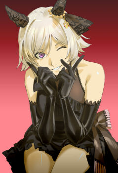 1girl absurdres animal_ears artist_name black_dress black_gloves curren_chan_(sakutsuki_ma_cherie)_(umamusume) curren_chan_(umamusume) dress ear_covers elbow_gloves gloves grey_hair highres horse_ears horse_girl looking_at_viewer official_alternate_costume one_eye_closed purple_eyes red_background ruukii_drift short_hair smile solo teeth umamusume