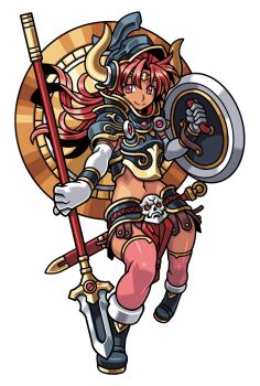Rule 34 | 1girl, amunisuta, ankle boots, armor, black armor, black boots, boots, closed mouth, dark-skinned female, dark skin, elbow gloves, gloves, gold armor, gold trim, harakawa mitsuhiro, helmet, holding, holding polearm, holding shield, holding weapon, long hair, looking at viewer, midriff, multicolored armor, navel, official art, pelvic curtain, pink thighhighs, polearm, red eyes, red hair, sheath, shield, shinrabanshou, skull belt, smile, solo, spear, thighhighs, third-party source, transparent background, usekh collar, weapon, white gloves