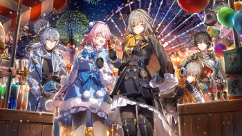 2girls 3boys absurdres action_figure alcohol alternate_costume amusement_park armor balloon bar_(place) belt black_boots black_cape black_gloves black_hair black_jacket black_pants black_pantyhose black_sweater blue_belt blue_bow blue_bowtie blue_capelet blue_hairband blue_skirt blue_sky blurry blurry_background boots bottle bow bow_hairband bowtie box breasts brown_belt brown_pantyhose brown_scarf brown_vest buttons caelus_(honkai:_star_rail) camera cape capelet chain character_balloon character_doll clenched_hand clenched_teeth clockie_(honkai:_star_rail) closed_eyes closed_mouth coat commentary cup dan_heng_(honkai:_star_rail) dango doll dress drinking_glass dual_persona earclip earmuffs earrings english_commentary eyeshadow ferris_wheel fireworks flower flower_ornament food frills fur-trimmed_cape fur-trimmed_capelet fur-trimmed_sleeves fur_trim gloves gold_armor gold_chain gold_earrings gradient_sky grape_(grapedraws) green_eyes grey_hair hair_between_eyes hair_bow hairband halo halo_behind_head hand_on_own_chin hand_on_own_hip hand_up headpiece high-waist_skirt highres holding holding_camera holding_cup holding_doll holding_skewer honkai:_star_rail honkai_(series) jacket jewelry lamppost lapels leather leather_gloves long_hair long_sleeves looking_at_another looking_at_object looking_at_viewer lordly_trashcan_(honkai:_star_rail) makeup march_7th_(honkai:_star_rail) marker mechanical_arms mechanical_hands medium_breasts mem_(honkai:_star_rail) multiple_boys multiple_girls new_year night one_eye_closed open_clothes open_coat open_mouth orange_scarf origami_bird_(honkai:_star_rail) pants pantyhose piercing pink_hair pink_sky plaid_clothes plaid_scarf pocket_watch pom-pom_(honkai:_star_rail) pom_pom_(clothes) puffy_long_sleeves puffy_sleeves red_eyeshadow red_gloves robot sam_(honkai:_star_rail) scarf shirt short_hair shush_(honkai:_star_rail) sidelocks single_earring skewer skirt sky smile snowing star_(sky) star_ornament starry_sky stelle_(honkai:_star_rail) sunday_(honkai:_star_rail) sweater table teeth thigh_boots trailblazer_(honkai:_star_rail) turtleneck turtleneck_sweater vest wagashi watch white_coat white_dress white_flower white_pants white_scarf white_shirt wing_piercing winter yellow_eyes yellow_scarf
