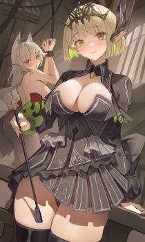 2girls absurdres alfhilde_odinsdottir animal_ears ass astraline back bdsm black_dress body_freckles bondage bound breast_freckles breasts brooch chain cleavage commentary dress earrings english_commentary freckles frilled_dress frills green_eyes green_hair highres jewelry large_breasts leotard lumi_(merryweather) multiple_girls pointy_ears red_eyes sideboob smile ssr_(azmr2828) thick_thighs thigh_freckles thighhighs thighs virtual_youtuber whip wolf_girl yuri