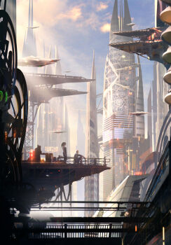 1boy 1girl absurdres cable city cityscape cloud commentary english_commentary from_side glass highres light_rays original painterly raphael-lacoste reflective_surface scenery science_fiction sitting spacecraft standing sunlight tower