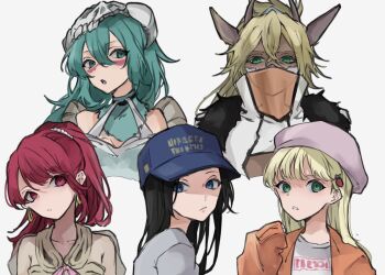2022 5girls black_hair bleach bleach:_jigoku-hen blonde_hair blue_eyes colored_eyelashes dokugamine_riruka earrings espada facial_mark fraternal_twins green_eyes green_hair hair_ornament hairclip hat highres hollow_mask jacket jewelry kurosaki_karin kurosaki_yuzu long_hair mask mask_on_head multiple_girls nelliel_tu_odelschwanck official_alternate_costume parted_lips ponytail purple_hair siblings simple_background sisters skull_on_head tier_harribel ui_1231 white_background
