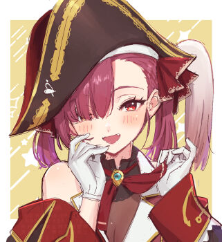 1girl a-ka bicorne black_hat border coat eyelashes hair_over_one_eye hat highres hololive houshou_marine long_hair priate_hat see-through_cleavage see-through_clothes simple_background single_bare_shoulder single_off_shoulder solo star_(symbol) twintails upper_body virtual_youtuber white_border white_coat yellow_background