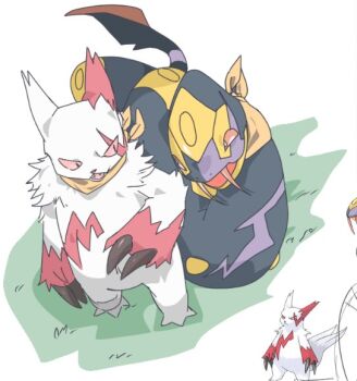 Rule 34 | claws, commentary request, fangs, gen 3 pokemon, grass, korean commentary, maenggyul98785, nintendo, pokemon, pokemon (creature), red eyes, red fur, seviper, snake, two-tone fur, white fur, zangoose