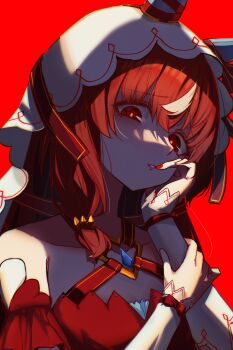 Rule 34 | 1girl, absurdres, akared, animal ears, bare shoulders, brown hair, dress, hair between eyes, hand on own face, highres, holding own arm, horse ears, horse girl, long hair, looking at viewer, off-shoulder dress, off shoulder, parted lips, red background, red eyes, red nails, shaded face, smile, solo, still in love (scarlet vow raiment) (umamusume), still in love (umamusume), umamusume, veil, white sleeves, white veil